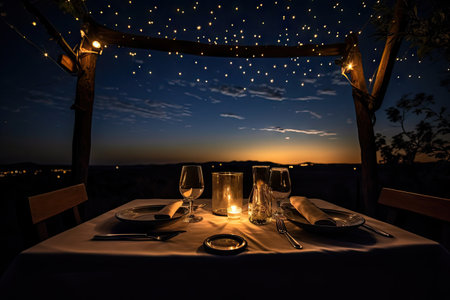 romantic dinner for two, with candlelight and starry sky overhead, created with generative aiの素材