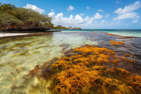 sargassum seaweed floating in tropical lagoon, created with generative aiの素材