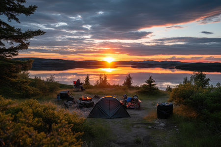 campsite setup with a view of the sunset over the lake, created with generative aiの素材