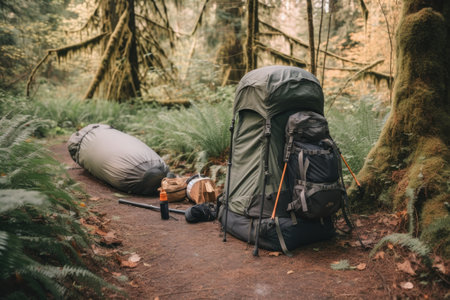 backpacking trip with tent, backpack, and hiking gear on the trail, created with generative aiの素材