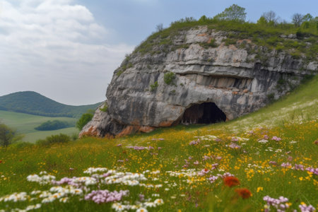 mountain with cave-in, surrounded by blooming wildflowers, created with generative aiの素材