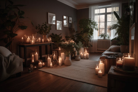 a room filled with candles and greenery for a cozy and relaxing atmosphere, created with generative aiの素材