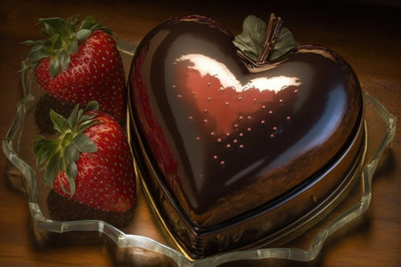 heart-shaped chocolate cake with ganache glaze and fresh strawberries on top, created with generative aiの素材