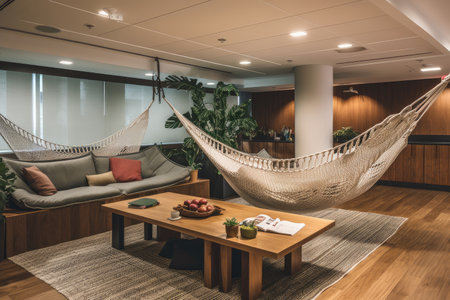 a lounge area with plush seating, a hammock, and a built-in beverage cooler, created with generative aiの素材