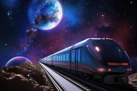 futuristic train speeds past view of the cosmos, with planets and stars visible in the distance, created with generative aiの素材