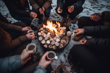 bonfire surrounded by friends, smores in hand and warm drinks close by, created with generative aiの素材