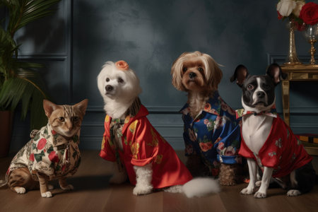 feline and canine models showcasing their latest designs in collection of high-fashion clothes, created with generative aiの素材