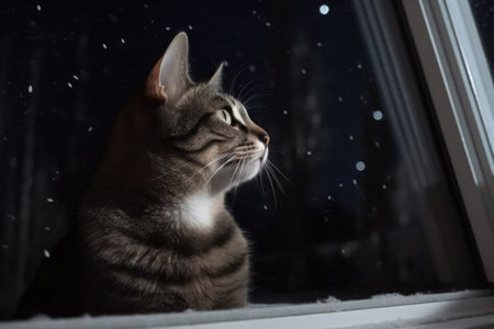cat with its head out of window, enjoying the view of the stars and planets, created with generative aiの素材
