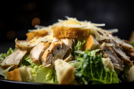 close-up of chicken caesar salad, with its ingredients visible and in perfect harmony, created with generative aiの素材
