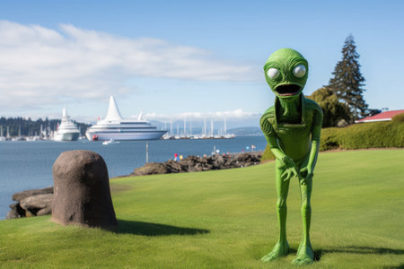 alien enjoying round of golf on the green, with ship in the background, created with generative aiの素材