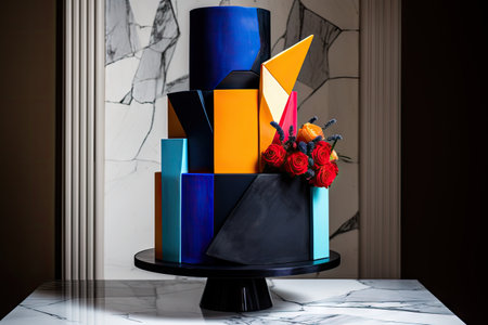 modern wedding cake made with sleek, geometric shapes and bold colors, created with generative aiの素材