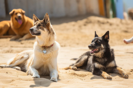 pair of dogs and cats hanging out between rescue missions, sunning themselves on the warm sand, created with generative aiの素材