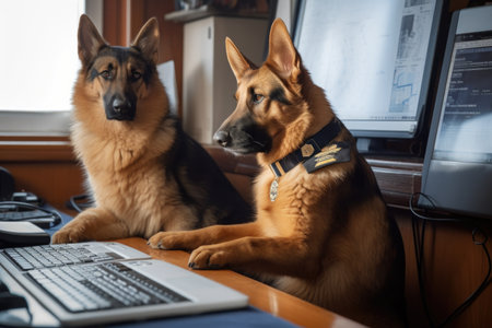 feline captain and canine first officer preparing flight plan on desktop computer, created with generative aiの素材