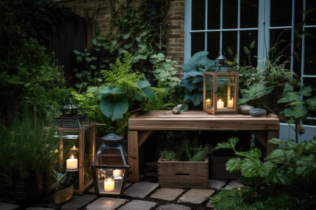 diy garden with mix of contemporary and traditional elements, including wooden bench and glass lanterns, created with generative aiの素材