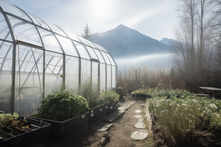greenhouse with view of misty mountain range, created with generative aiの素材