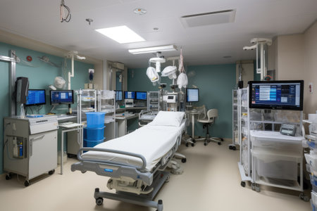 high-tech medical equipment at the ready in a hospital ward, created with generative aiの素材