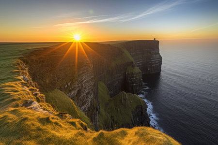 stunning sunrise over a towering cliff, with the sun rising in the distance, created with generative aiの素材