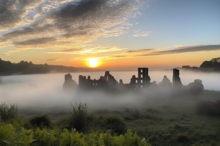 scenic view of sun rising over ruins, with misty clouds in the background, created with generative aiの素材