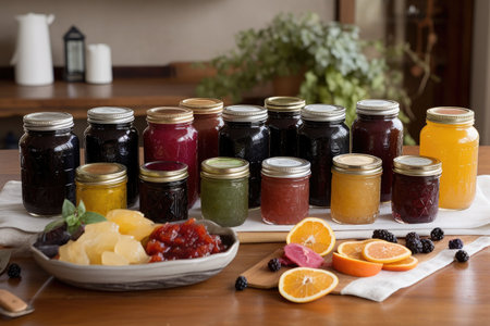 array of homemade preserves, in variety of flavors and colors, created with generative aiの素材