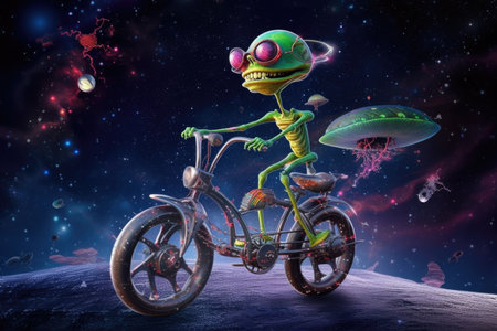 alien riding futuristic bicycle through space, with planets and stars in the background, created with generative aiの素材
