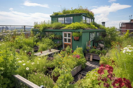 green rooftop garden with flourishing plants, blooming flowers and hummingbird feeder, created with generative aiの素材