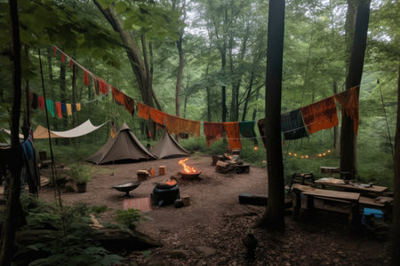 outdoorsy campsite, with cozy tents, hammocks, and lanterns, created with generative aiの素材
