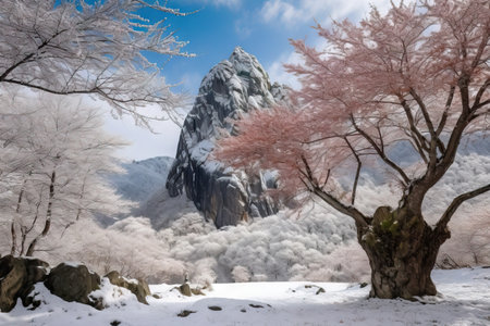 cherry blossom tree in full bloom on snow-covered mountain, created with generative aiの素材