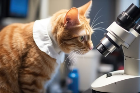 feline scientist using microscope to examine cells under the microscope, created with generative aiの素材