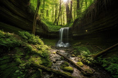 majestic cascade in forest setting, with sunlight shining through the trees, created with generative aiの素材