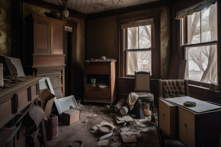 furniture, artifacts and everyday items left behind in abandoned house, created with generative aiの素材