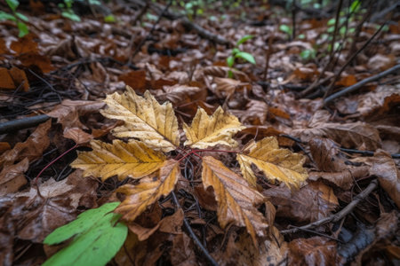 close-up of crunchy leaf and twig forest floor, created with generative aiの素材
