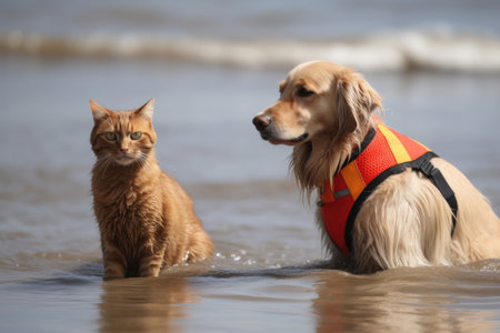 dog and cat lifeguards having a race to see who can reach the end of beach first, created with generative aiの素材