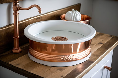round white wash basin with copper faucet and towel rack, created with generative aiの素材