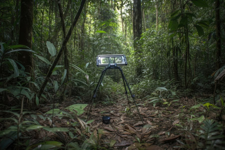 metal detector frame in the middle of dense jungle, with wildlife in the background, created with generative aiの素材