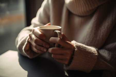 person, taking calming and meditative break from busy day, enjoying warm cup of coffee, created with generative aiの素材