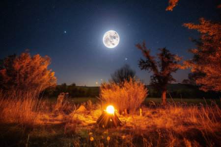 warm harvest moon, surrounded by shimmering stars, with a campfire in the background, created with generative aiの素材