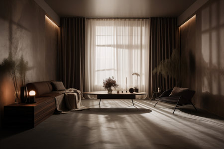 a dramatic lighting scheme with dramatic shadows in a minimalist room, created with generative aiの素材