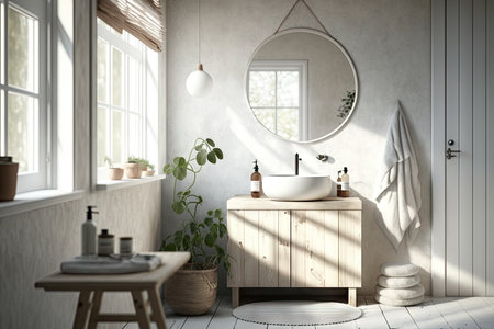 scandinavian-style bathroom with round white wash basin, minimalist fixtures and natural light, created with generative aiの素材