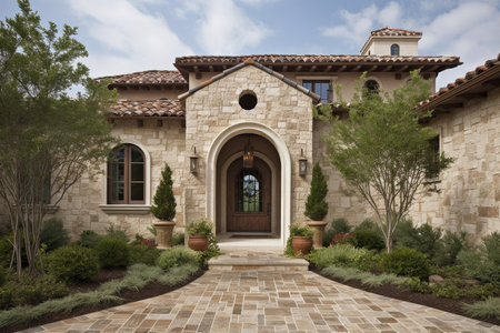 mediterranean house with stone facade, gabled roof and arched door, created with generative aiの素材