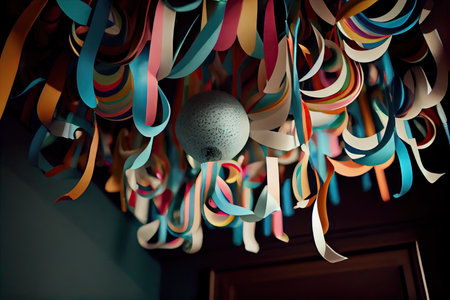paper streamer hanging from ceiling, with balloons and confetti for a party, created with generative aiの素材