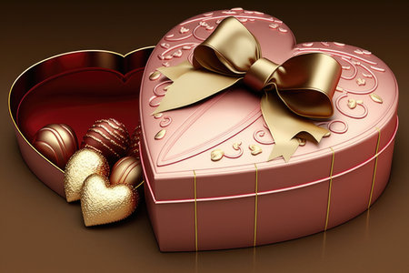 heart-shaped box of chocolates or truffles with ribbon and bow on gift, created with generative aiの素材