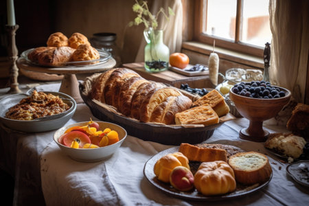 plate of rustic breads and pastries, ready for breakfast or brunch, created with generative aiの素材