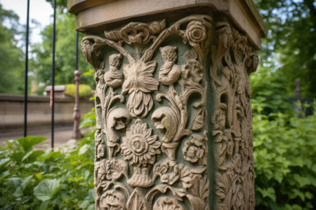 close-up of intricate carvings on stone pillar, with greenery in the background, created with generative aiの素材