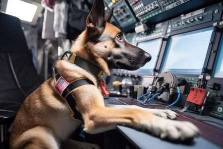 canine astronaut, with his paw on button to activate rocket thrusters, in the cockpit of spacecraft, created with generative aiの素材