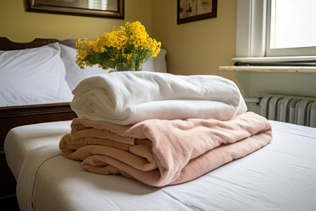 freshly laundered linens, ready for guest to enjoy a comfortable stay, created with generative aiの素材