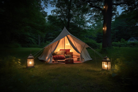 tent with lantern and book in the evening, surrounded by trees, created with generative aiの素材