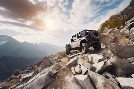 off-road vehicle climbing over rocky ridge in the mountains, created with generative aiの素材