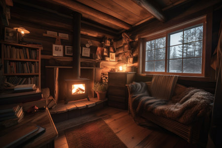 cozy cabin retreat with stack of books and warm fire for reading, created with generative aiの素材