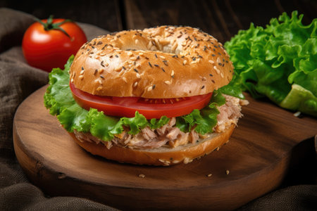 tuna salad sandwich on toasted bagel with lettuce and tomato, created with generative aiの素材