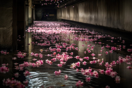 cherry blossom petals floating on still stream, created with generative aiの素材